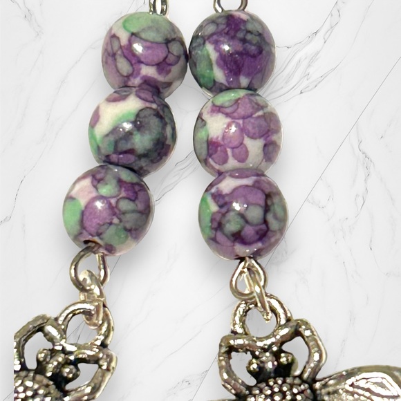 Hand Crafted Earrings Bumble Bee Dangle Silver Purple Mosaic Pierced Long - Picture 4 of 7